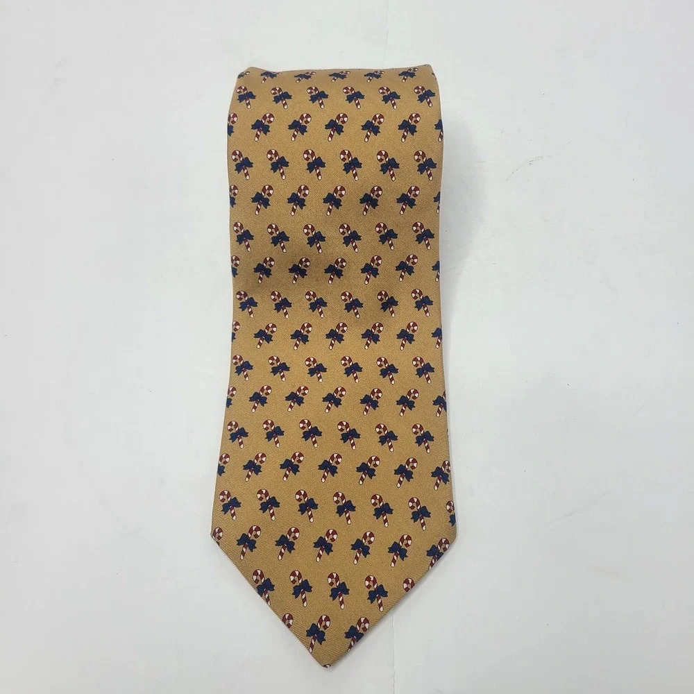 Brooks Basics Silk Necktie Gold Candy Canes USA Made 3.75 Inch Christmas